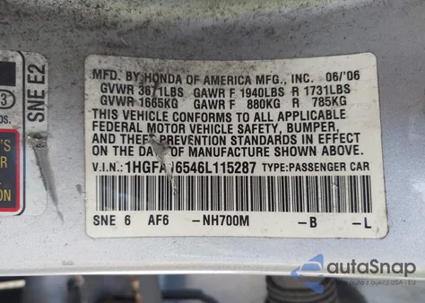 2006 Honda Civic Lx из США, поврежденный, VIN 1HGFA16546L115287